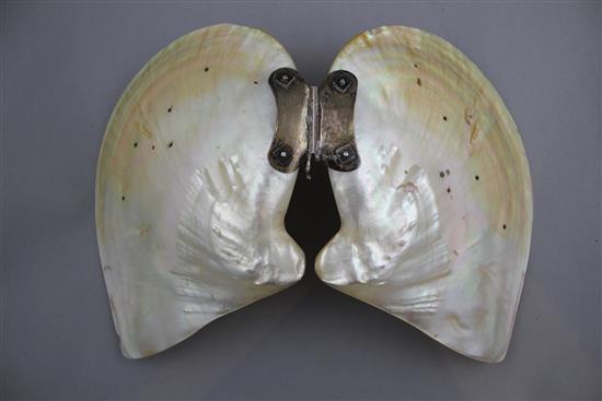 A Chinese silver mounted mother of pearl shell, early 20th century, 25.5cm